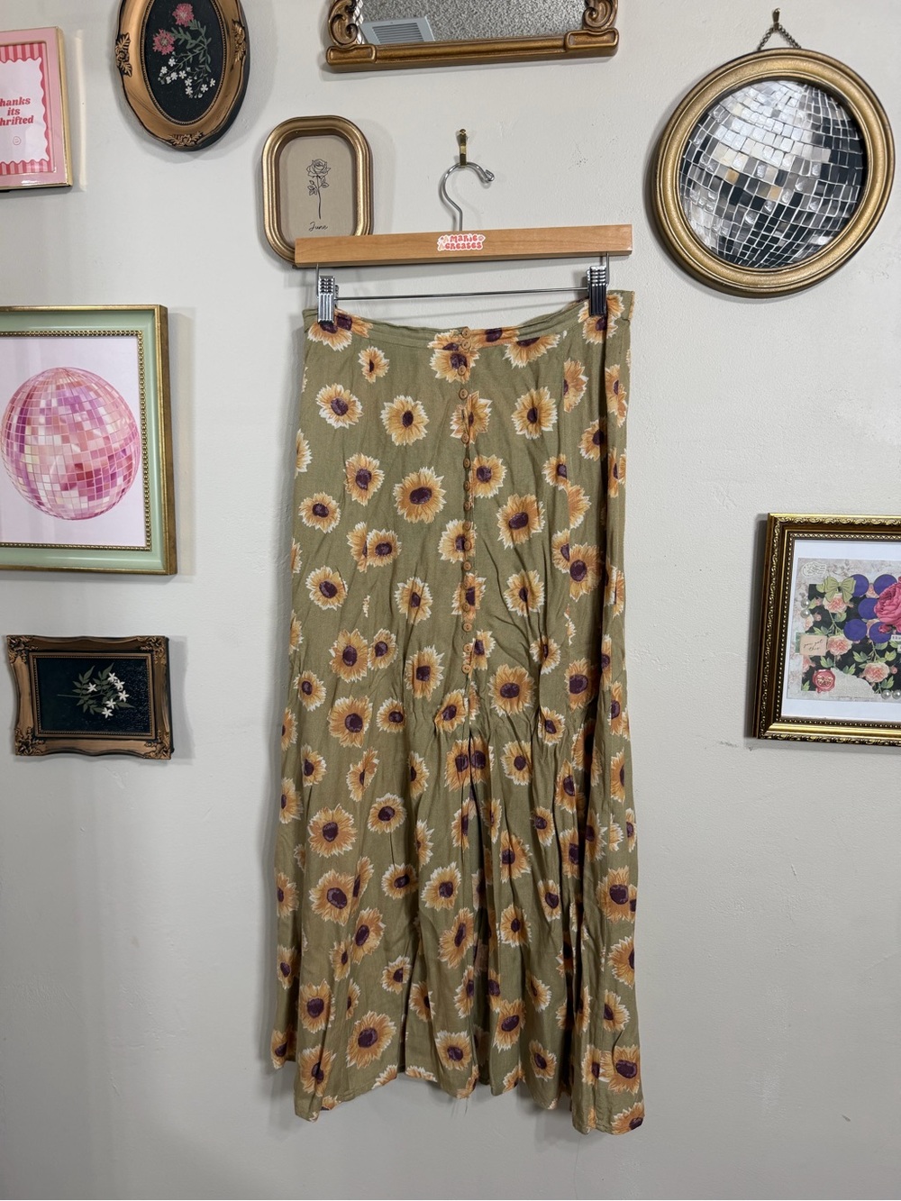 Sunflower Print Olive Maxi Skirt